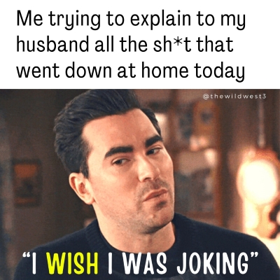 meme about a stay at home mom explaining to husband what happened all day