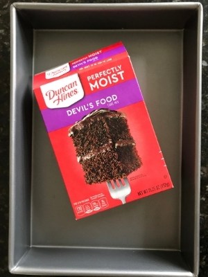 A rectangular cake pan and boxed cake mix to make the Among Us cake