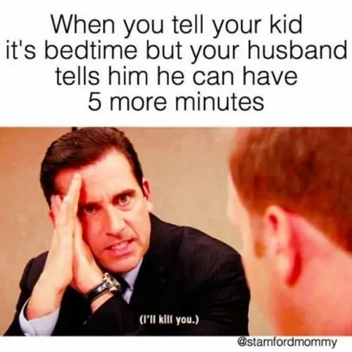 Funny bedtime meme about Dad delaying bedtime and being told "I'll kill you" by Michael Scott