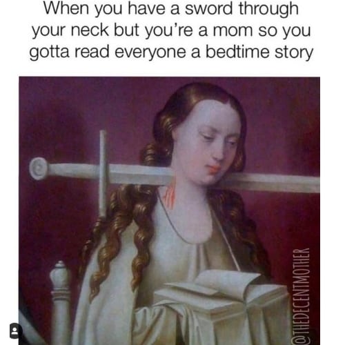 mom reading bedtime stories with a sword in her neck