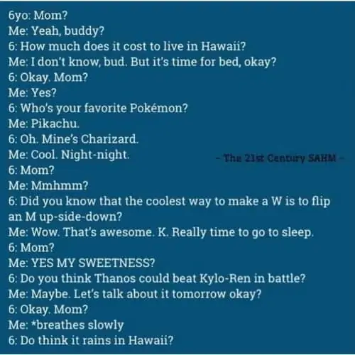 Text of a long conversation between a six year old and parent at bedtime 