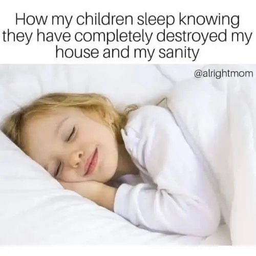 how my children sleep knowing they have completely destroyed my house and my sanity written over a sleeping girl