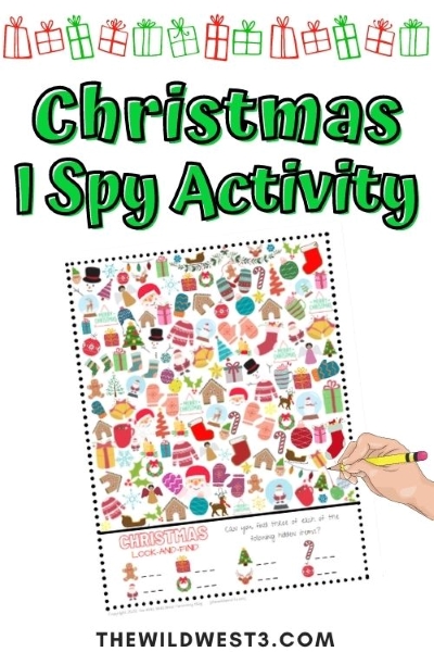Christmas I Spy Activity Text over a printed paper version of the look and find with a hand