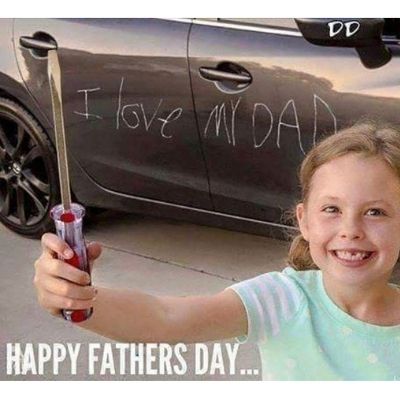 Kid wrote I love my dad with screwdriver on a car for Father's Day