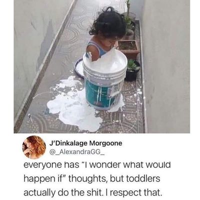 relatable toddler meme of toddler standing in paint