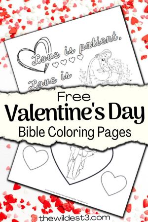 Free Valentine's Day Bible Coloring Pages text with two coloring sheets printed over hearts.