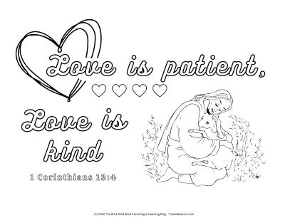 Jesus is love bible coloring page for Valentine's Day with 1 Corinthians text