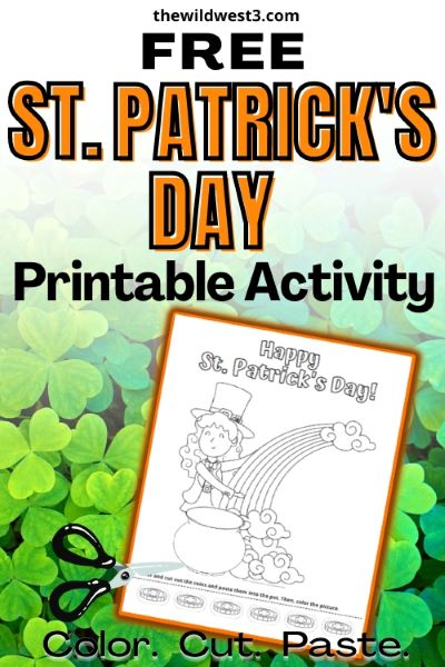 Free St. Patrick's Day Printable Coloring and Cutting Activity text over clover background